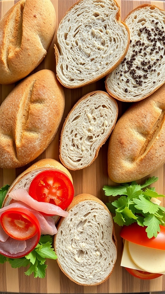 Versatile Sandwich Bread Ideas An array of sandwich bread types including sourdough, whole grain, rye, and ciabatta with various fillings.